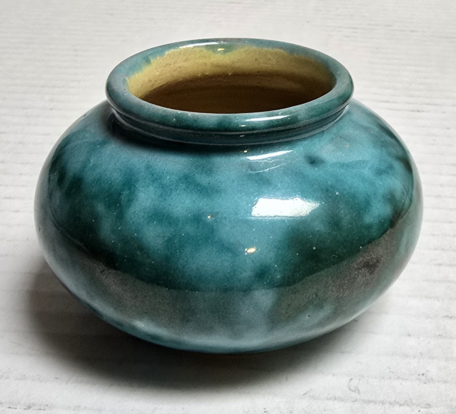 1900’s Anton Lang Pottery Mottled Blue & Green Glaze Vase Signed & Paper Label