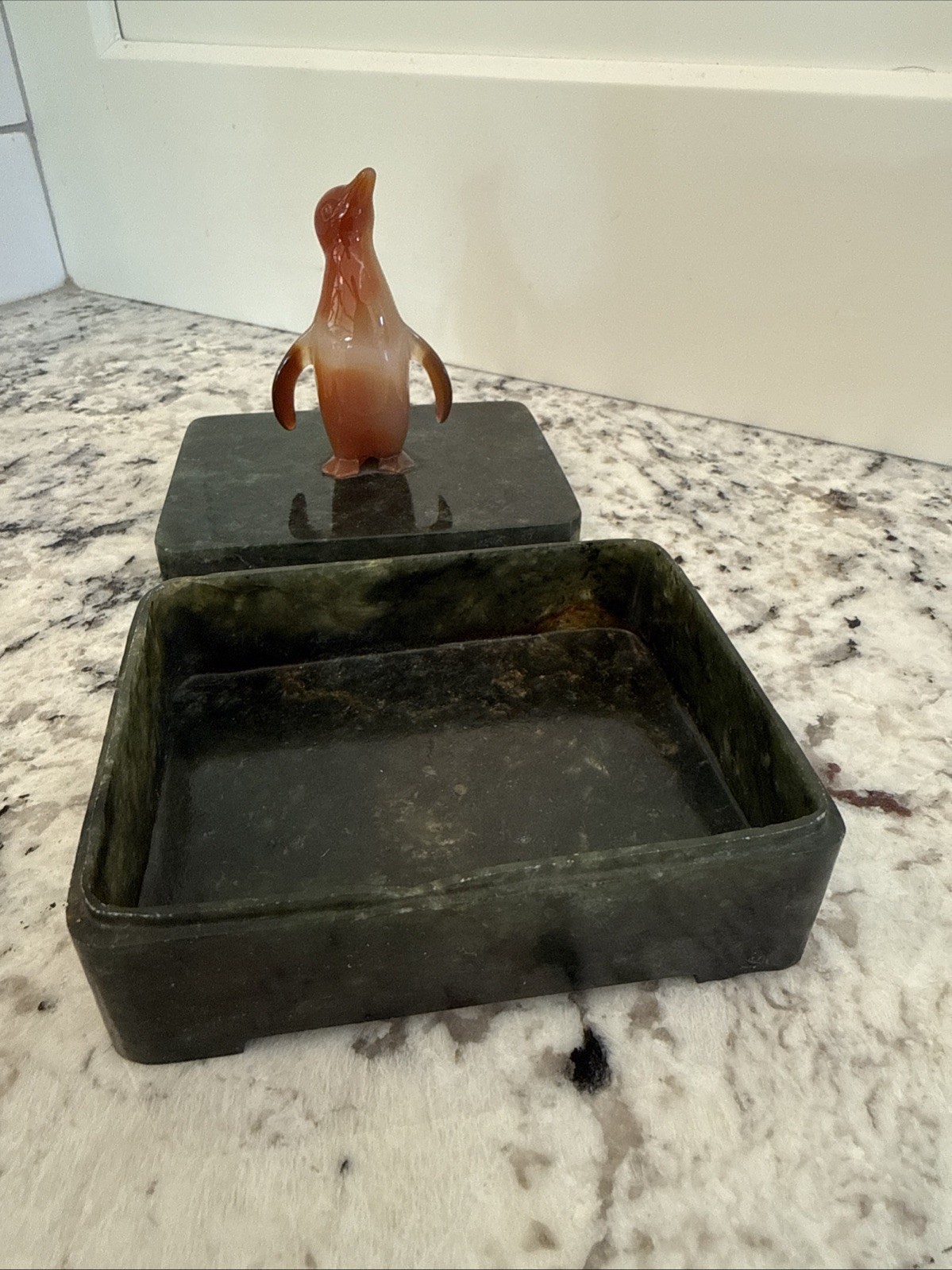 Edward Farmer Attrib Nephrite Jade Box Carnelian Penguin Art Deco NY c.1920