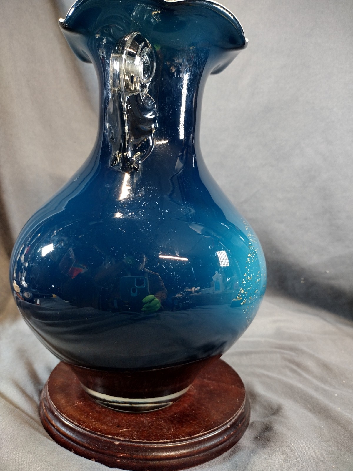 Vintage Teal Blue Blown Art Glass Vase Gold Foil Ruffled Rim Scrolled Handles
