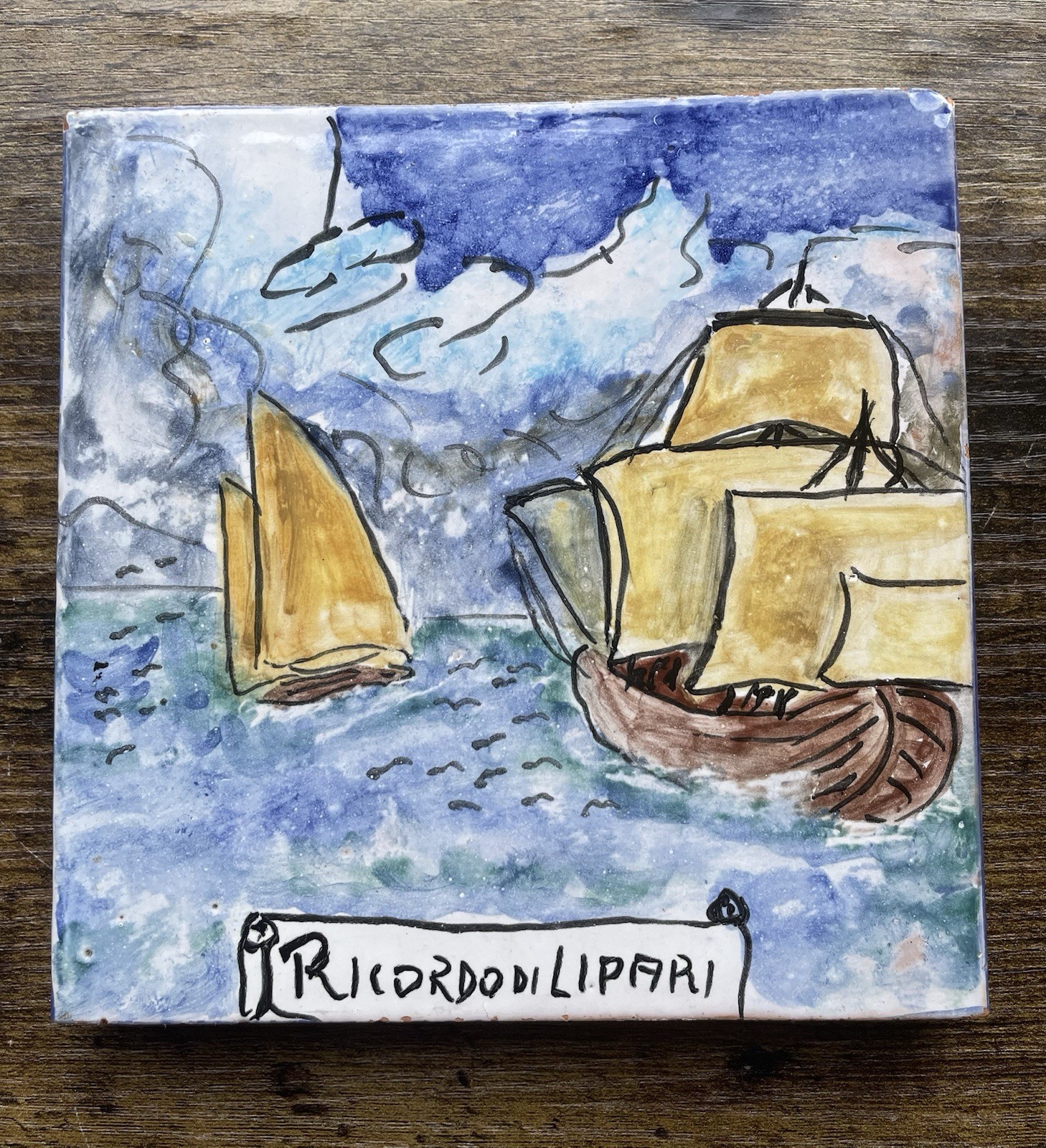 Vintage Italian Wall Tile Italy Sailboats Hand painted