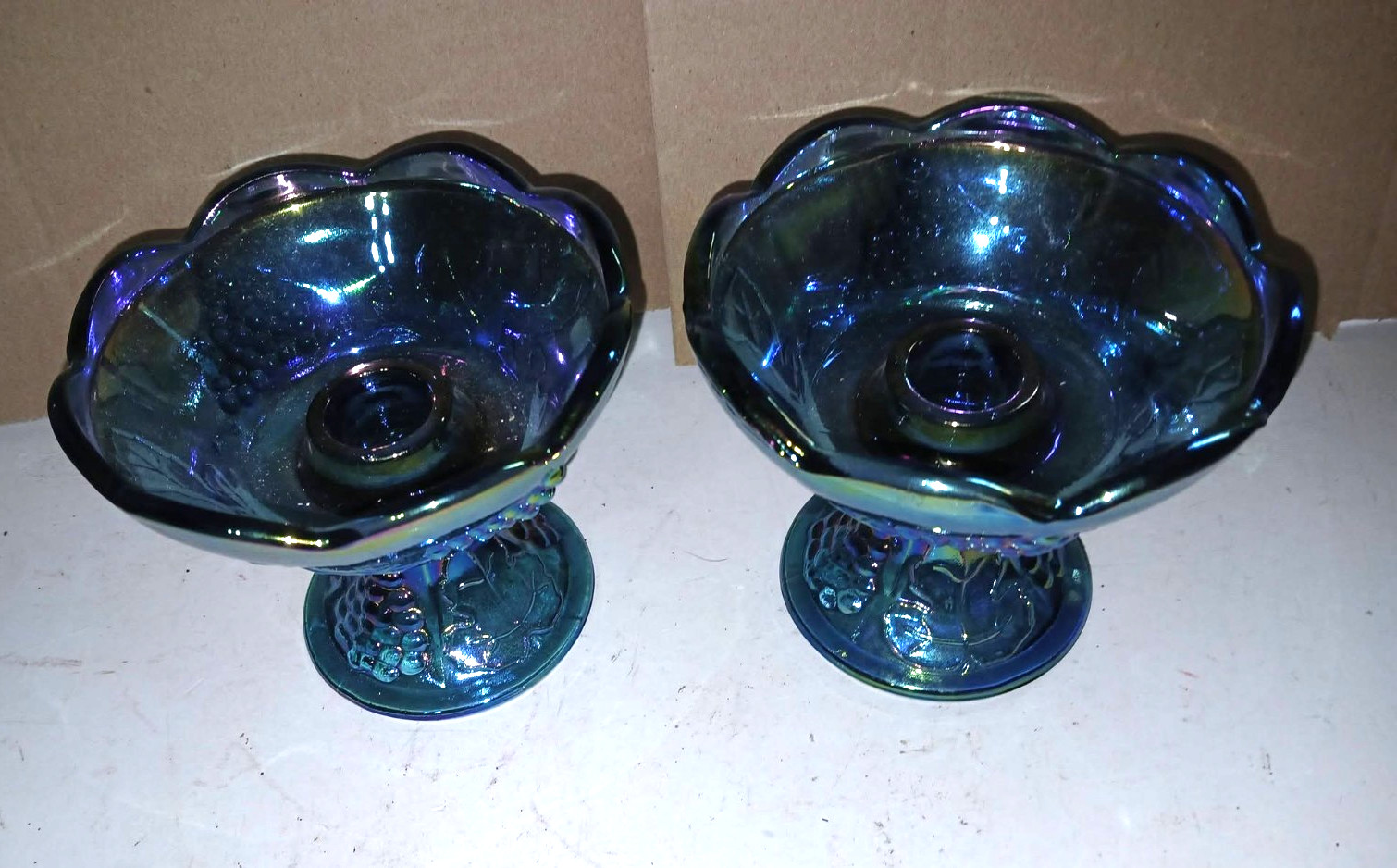 PAIR Indiana Glass HARVEST GRAPE Blue Carnival Iridescent Candle Stick Holders