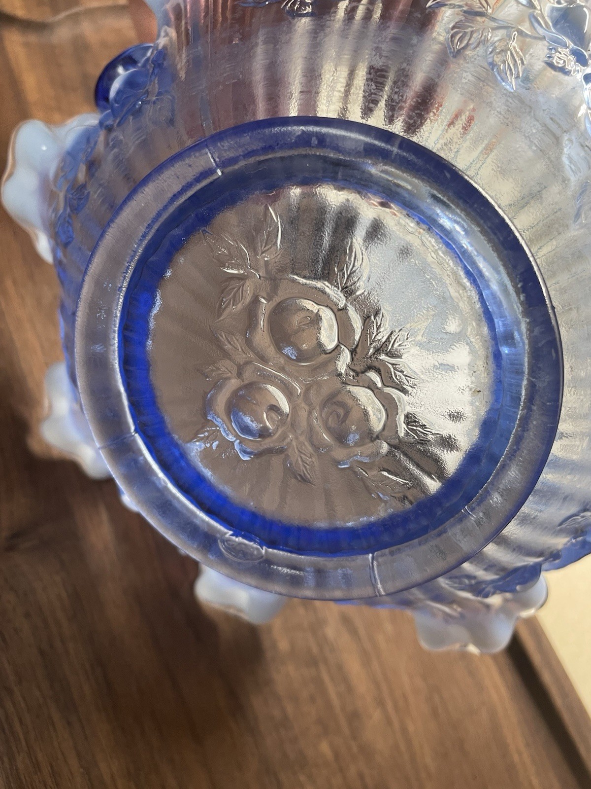 Fenton Light Blue Opalescent Cabbage Rose Ruffled Edge Bride’s Basket