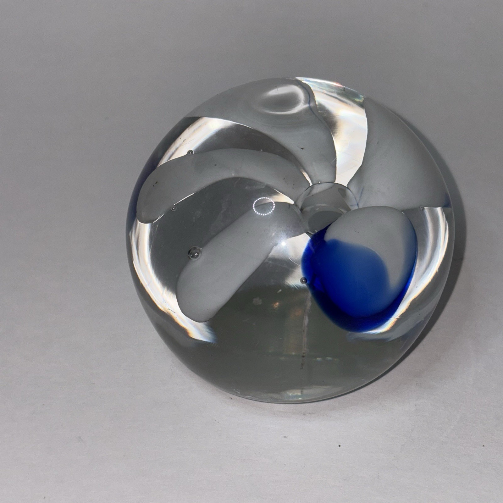 Glass Paperweight White and Blue Flower Clear Bottom 3”x3”