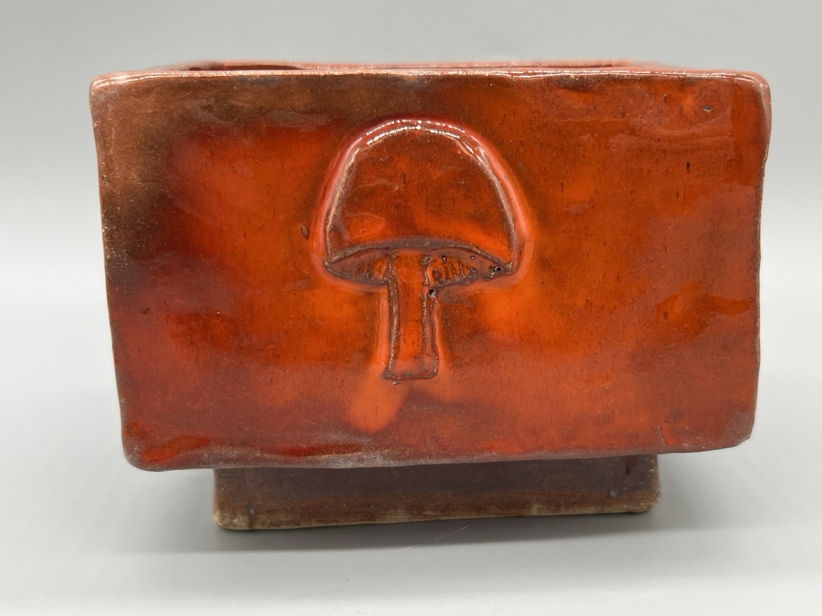 VTG Orange Glazed Red Ware Pottery Mushroom Footed Planter Bowl