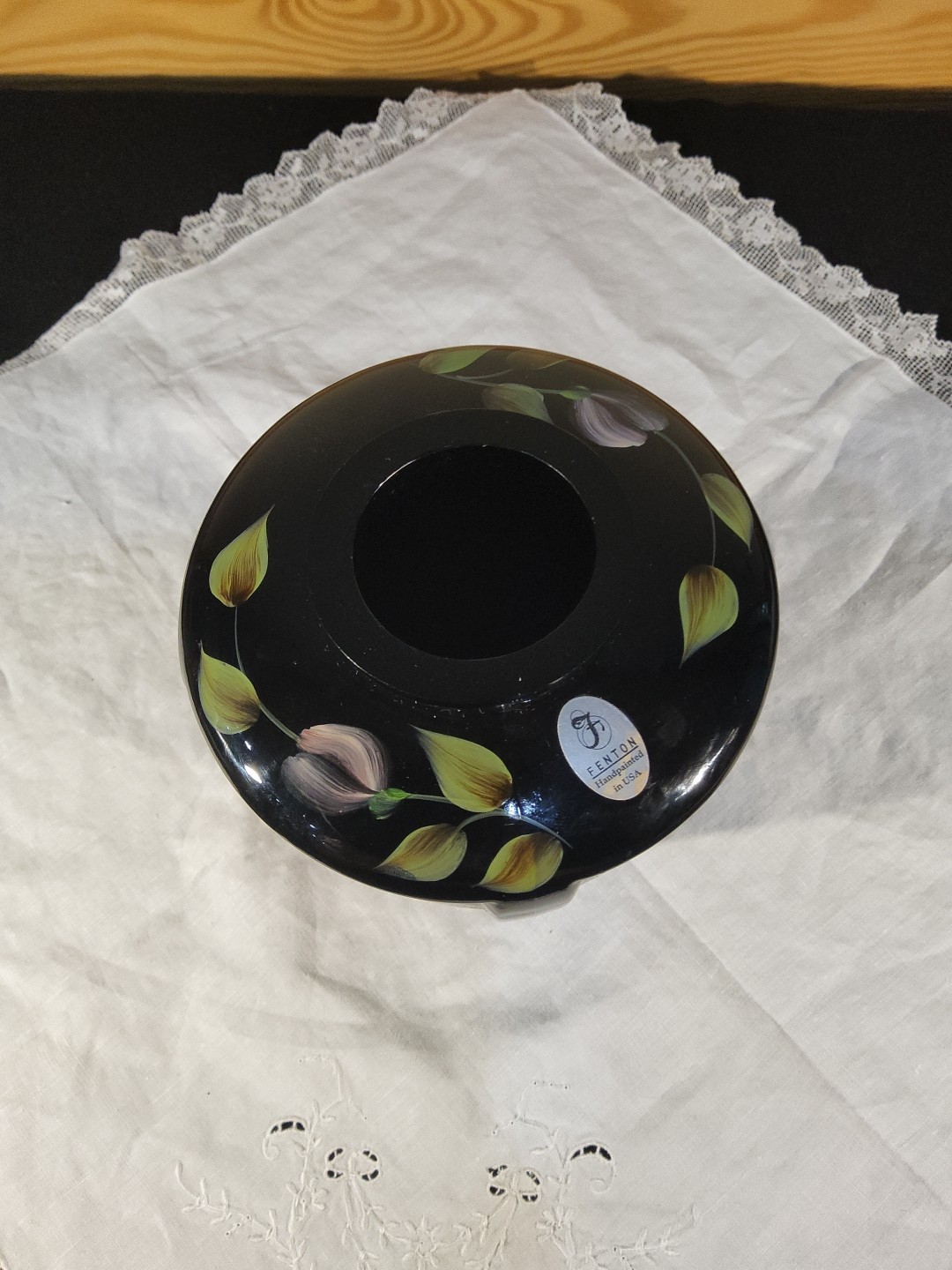 Fenton QVC Black Ebony HP Pink Coral Yellow Floral Green Vining Paneled Vase