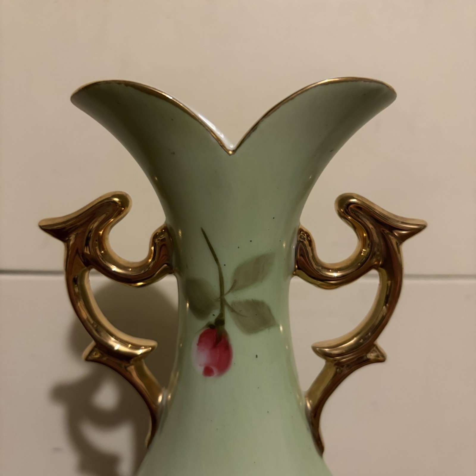 Lefton China Double Handled Vase Hand Painted Pink Roses 8.5” Pastel