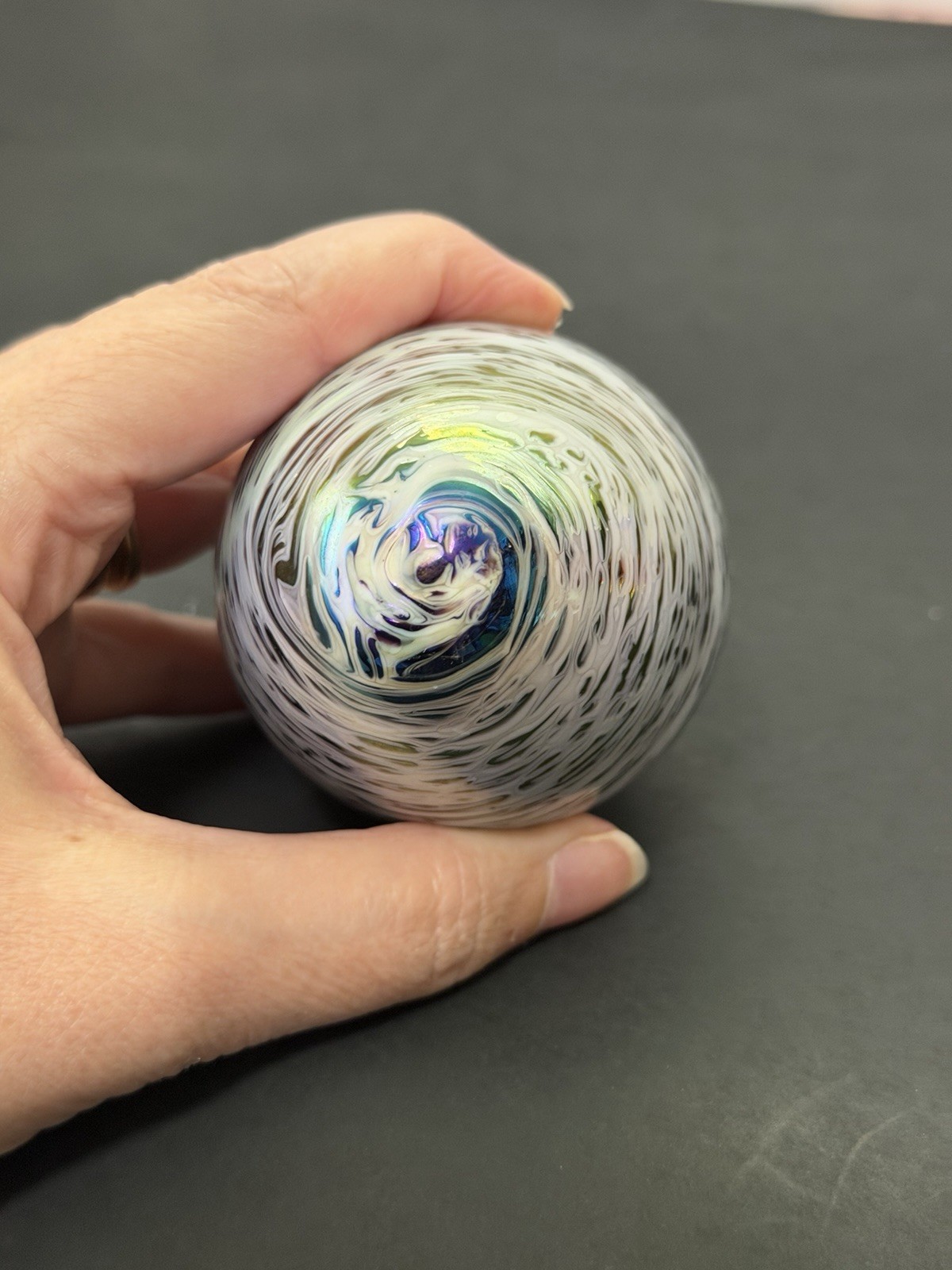 Iridescent Glass Egg Paperweight Swirl Design White/Purple/Blue~Taiwan