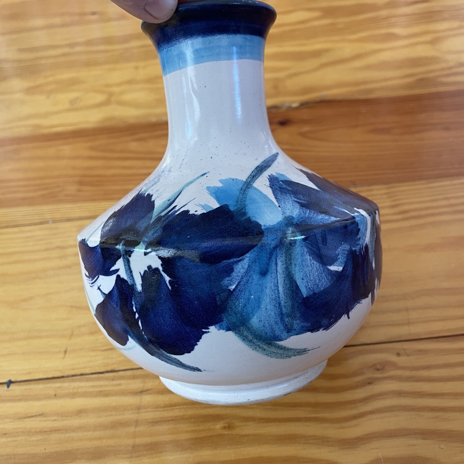 Vintage 70s Pacific Stoneware Welsh signed BLUE FLORAL design pottery vase RARE