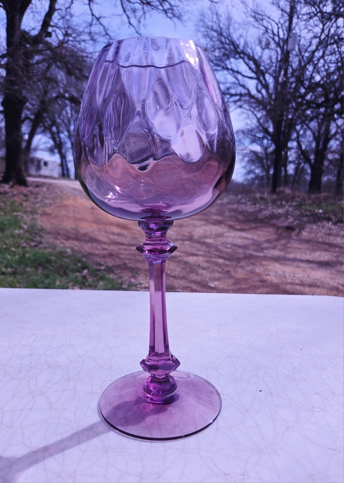 MCM Tiffin-Franciscan Amethyst Purple Lilac Diamond Optic Ivy Ball Vase 9.75″ H
