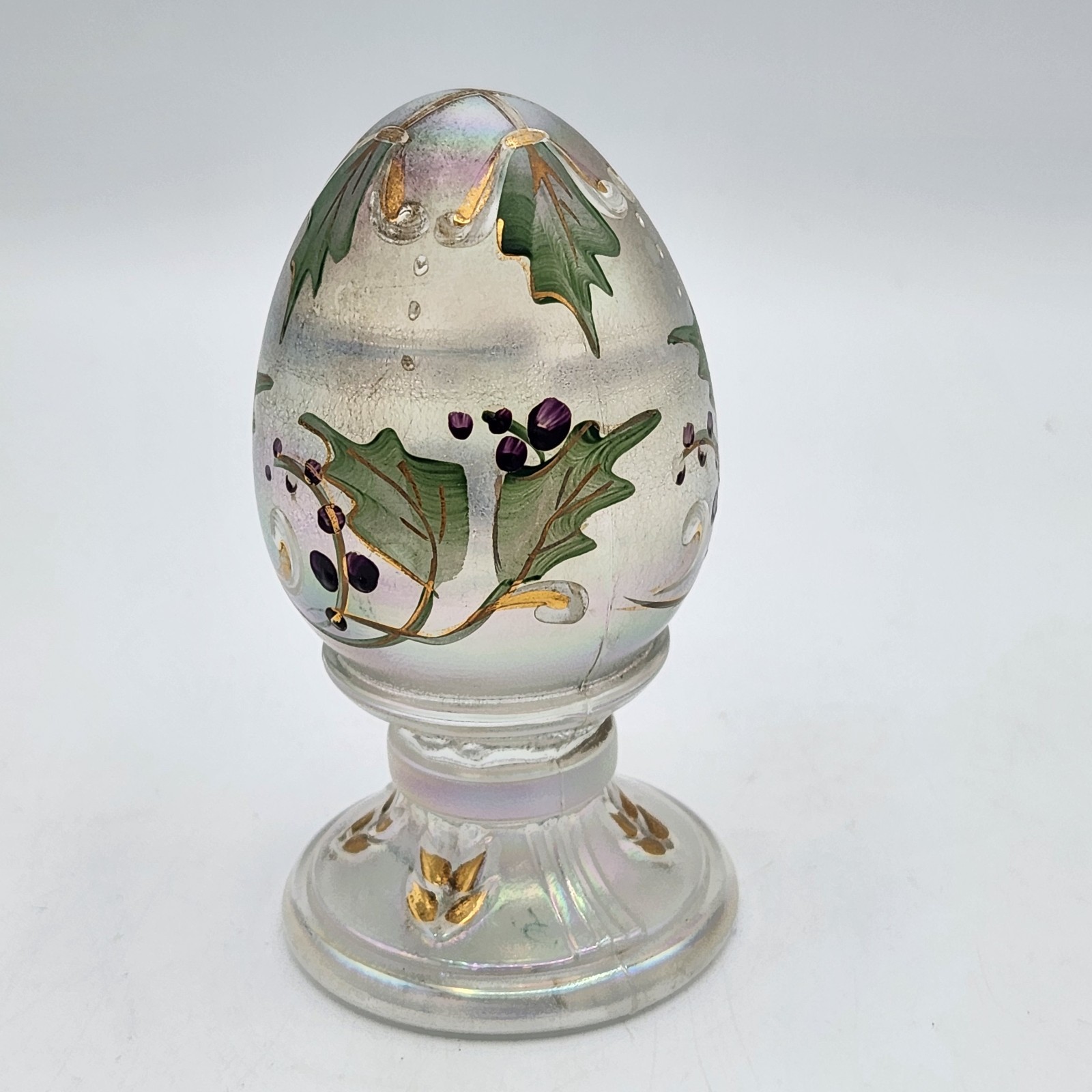 Fenton Glass Egg on Pedestal Purple Berries Iridescent Signed S. Miller No. 1176