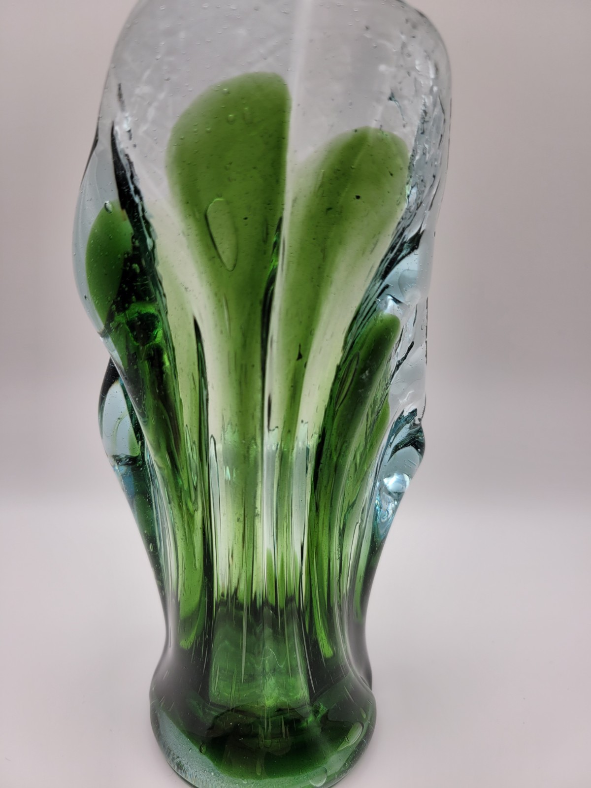Vintage Swung Glass Vase Bohemian Style Hand Blown Green/Clear 6.5 in. Tall MCM