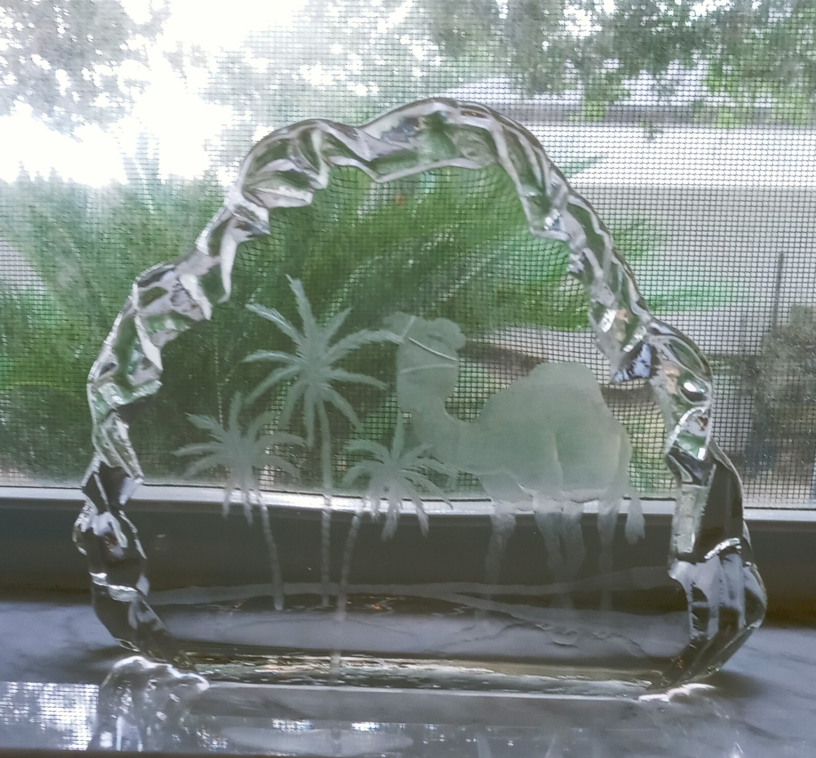 Engraved Art Glass Sculpture – Heavy Table Art Glass – Signed-Camel/Palm Trees