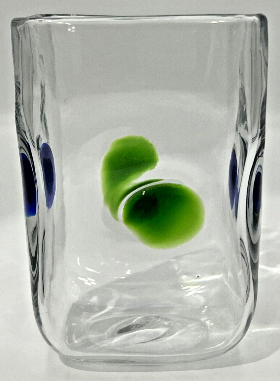 Vintage Mexican Hand Blown Vase Square Green Blue Orbs Portals Art Glass EX