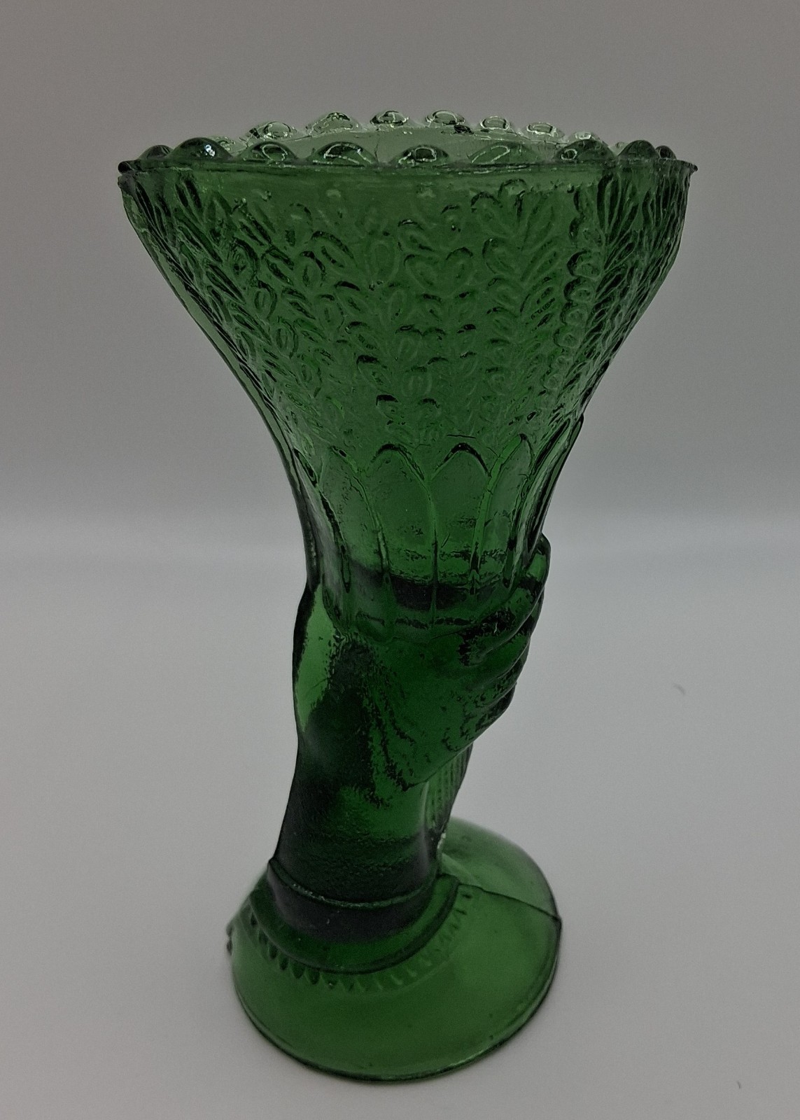 Rare Green Small Glass Hand Vase. Stored In Box, Never Displayed.