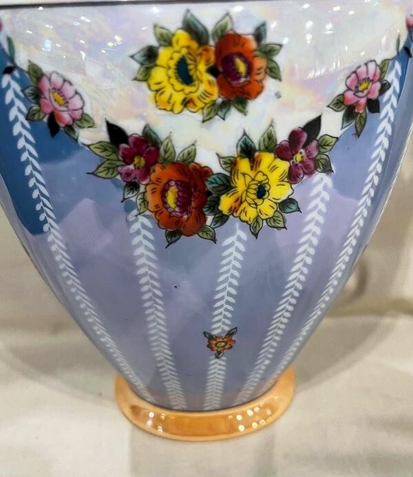 Stunning Noritake Classic Handle Deco Vase Floral Garlands Chevron White Stripes