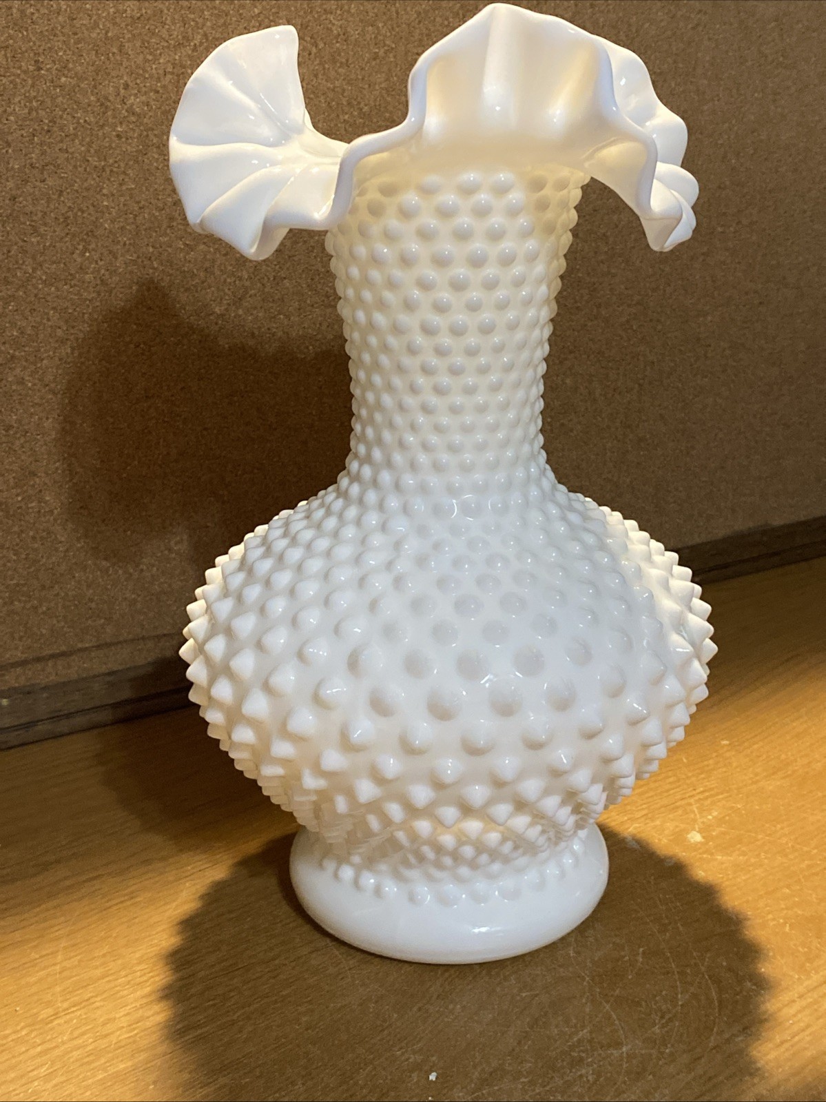 Vtg MCM Fenton Milk Glass Hobnail Vase w Ruffled/Crimped Edge – 10.5″ – EPOC