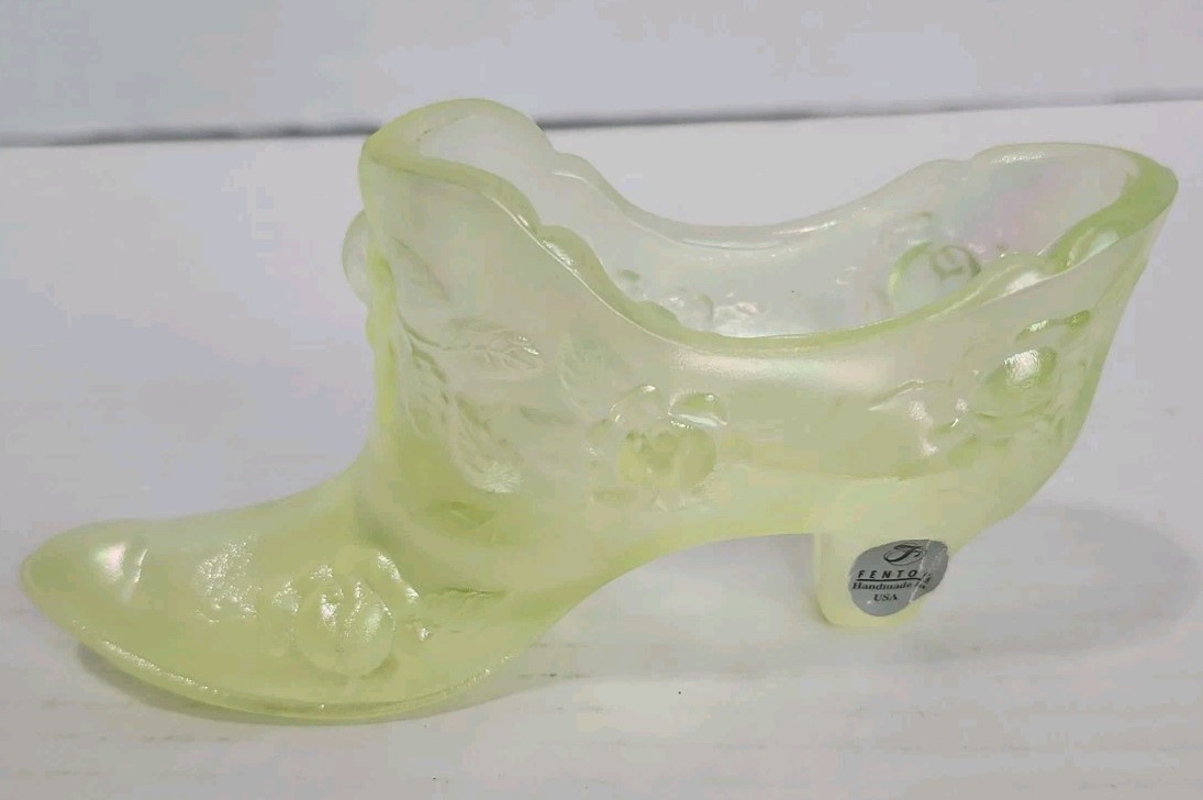 Fenton Glass Opalescent Vaseline Iridized Satin Glass Slipper W/ Roses Glows!