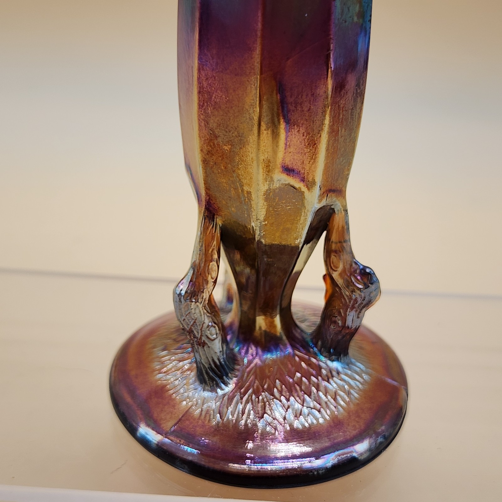 Vtg Carnival Glass Dugan & Diamond Rib Amethyst Twig Bud Vase Iridescent 9 1/4″