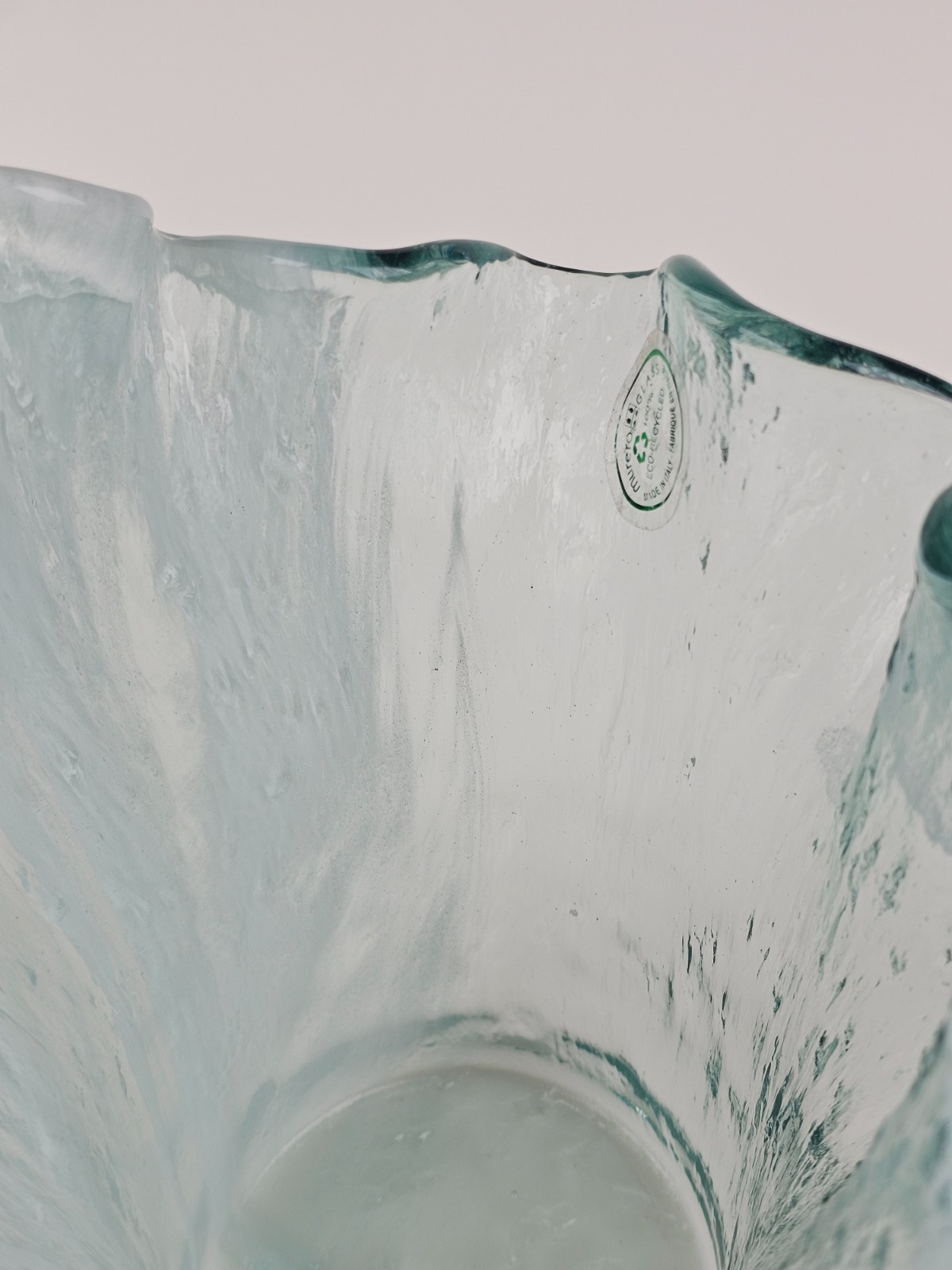 Murero Glass Aqua & White Large Handkerchief Vase or Luxury Trash Bin Italy 11″