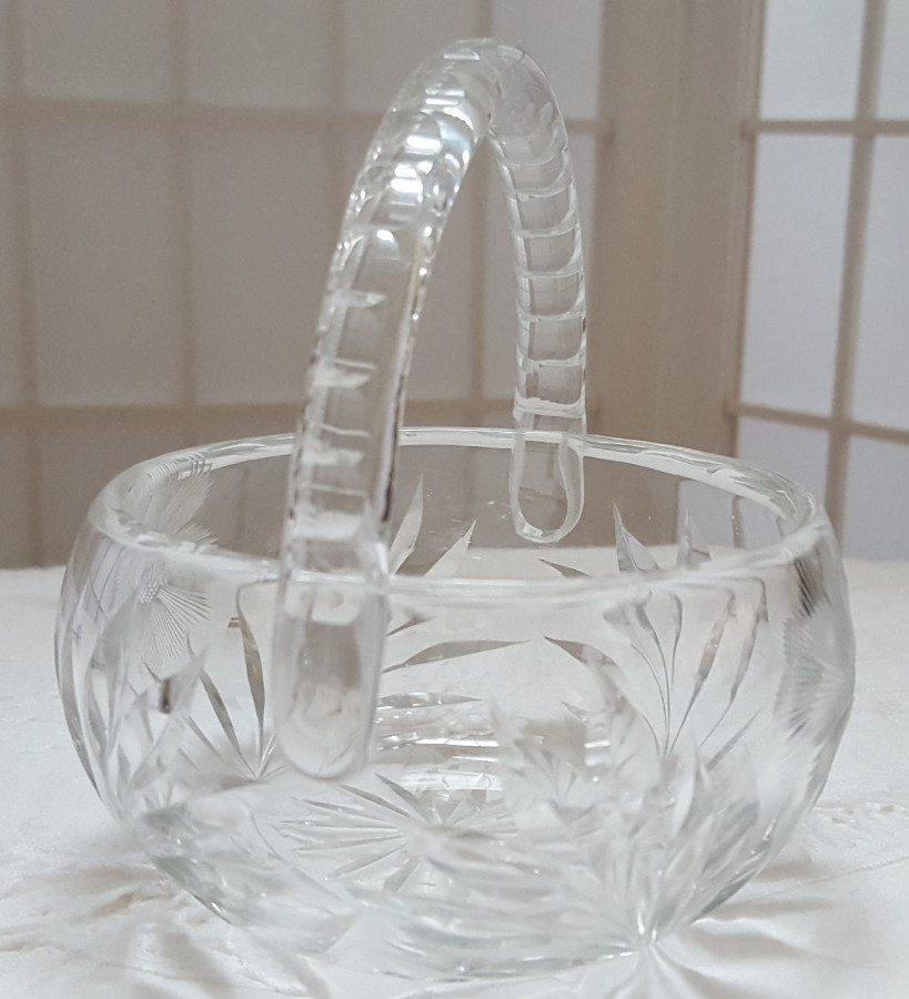 Vintage Duncan and Miller Crystal Basket Wheel Cut Handle Etched Glass