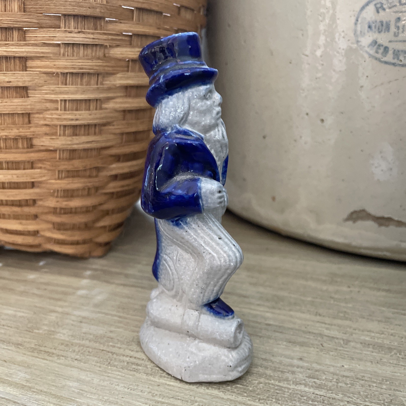Salmon Falls Salt Glaze Uncle Sam Figurine Cobalt Blue Stoneware Folk Art
