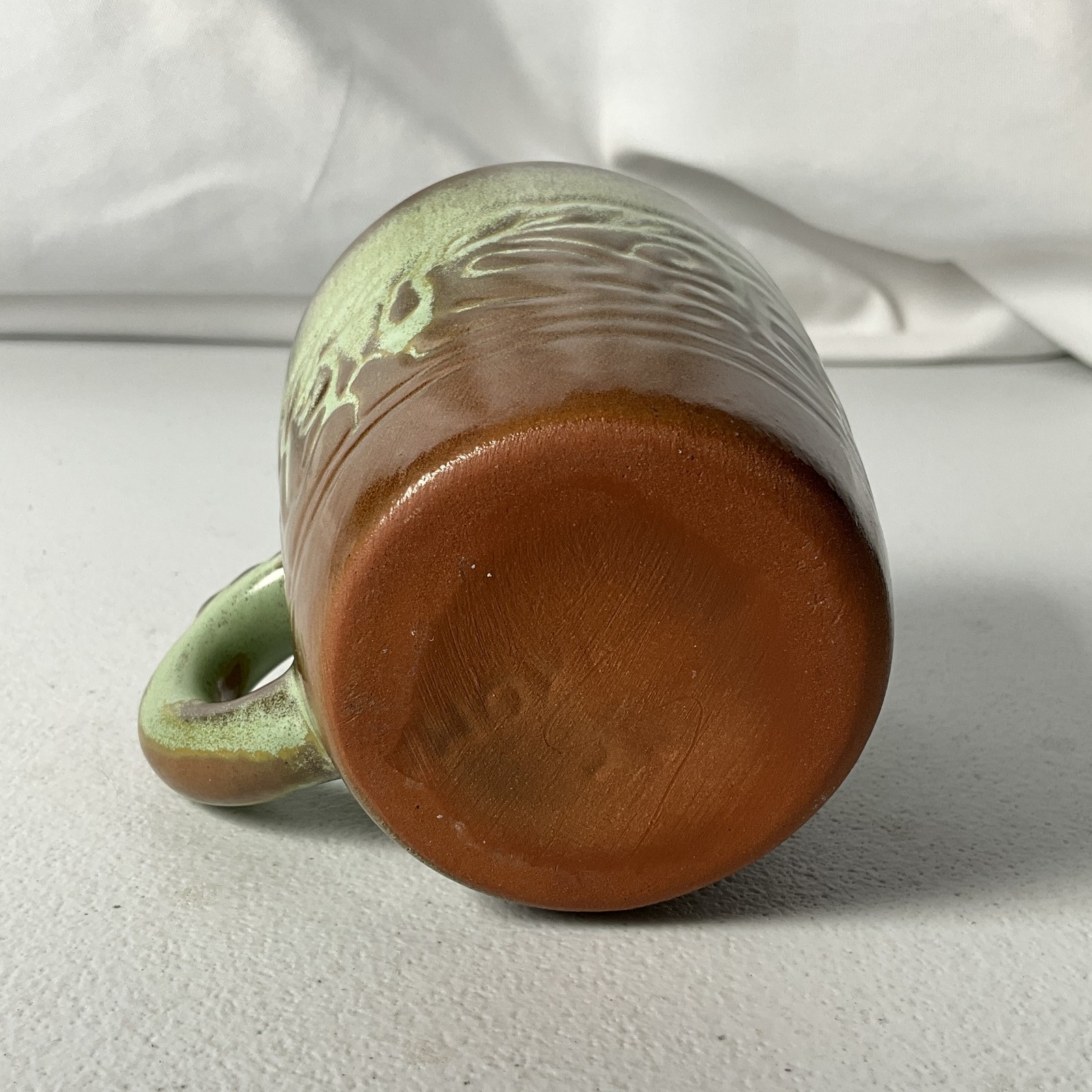 Handmade Studio Pottery Mug Brown Green Drip Glaze Textured Ceramic Cup Art