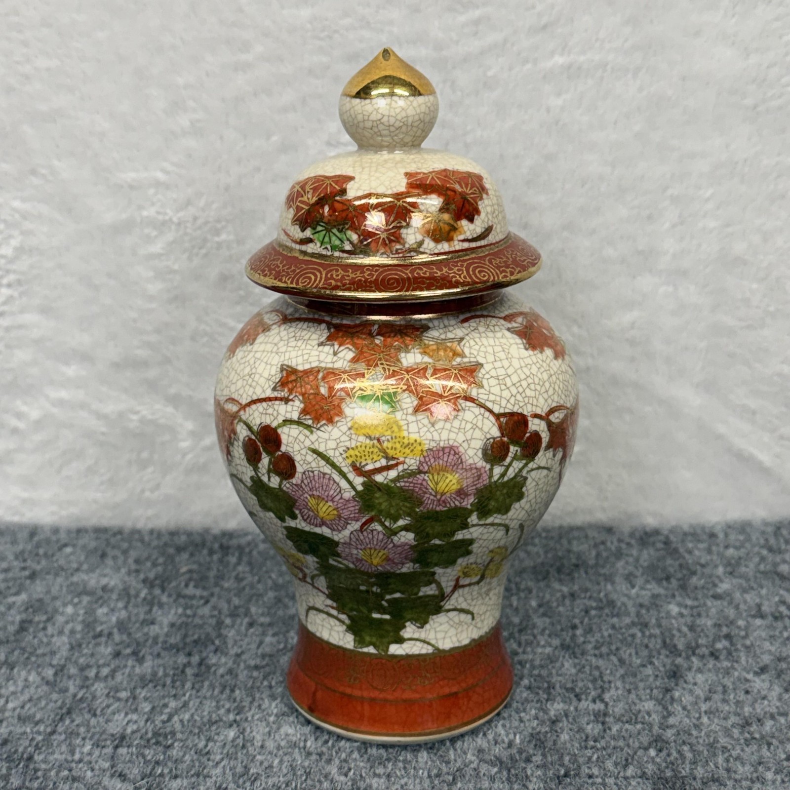 Vintage Satsuma Lidded Vase 8″ Autumn Leaves Floral Crackle Japan Ceramic Urn