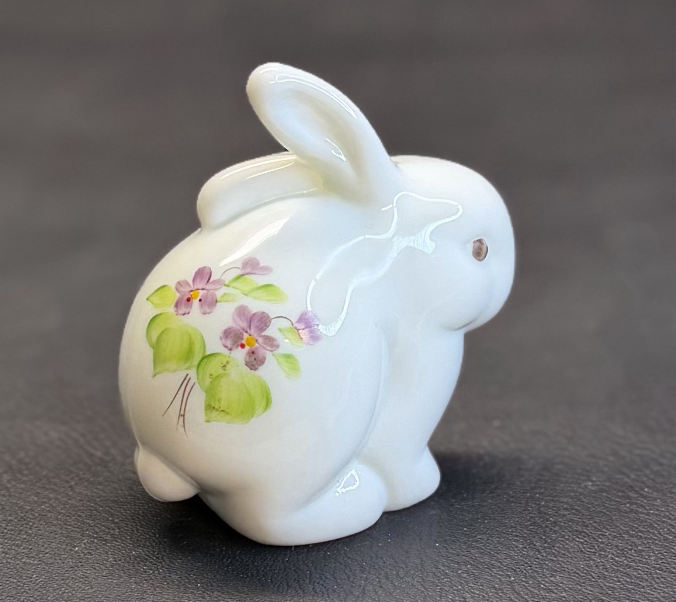 Fenton Bunny ~ Hand Painted “Violets In The Snow” Milk Glass Signed Nancy R