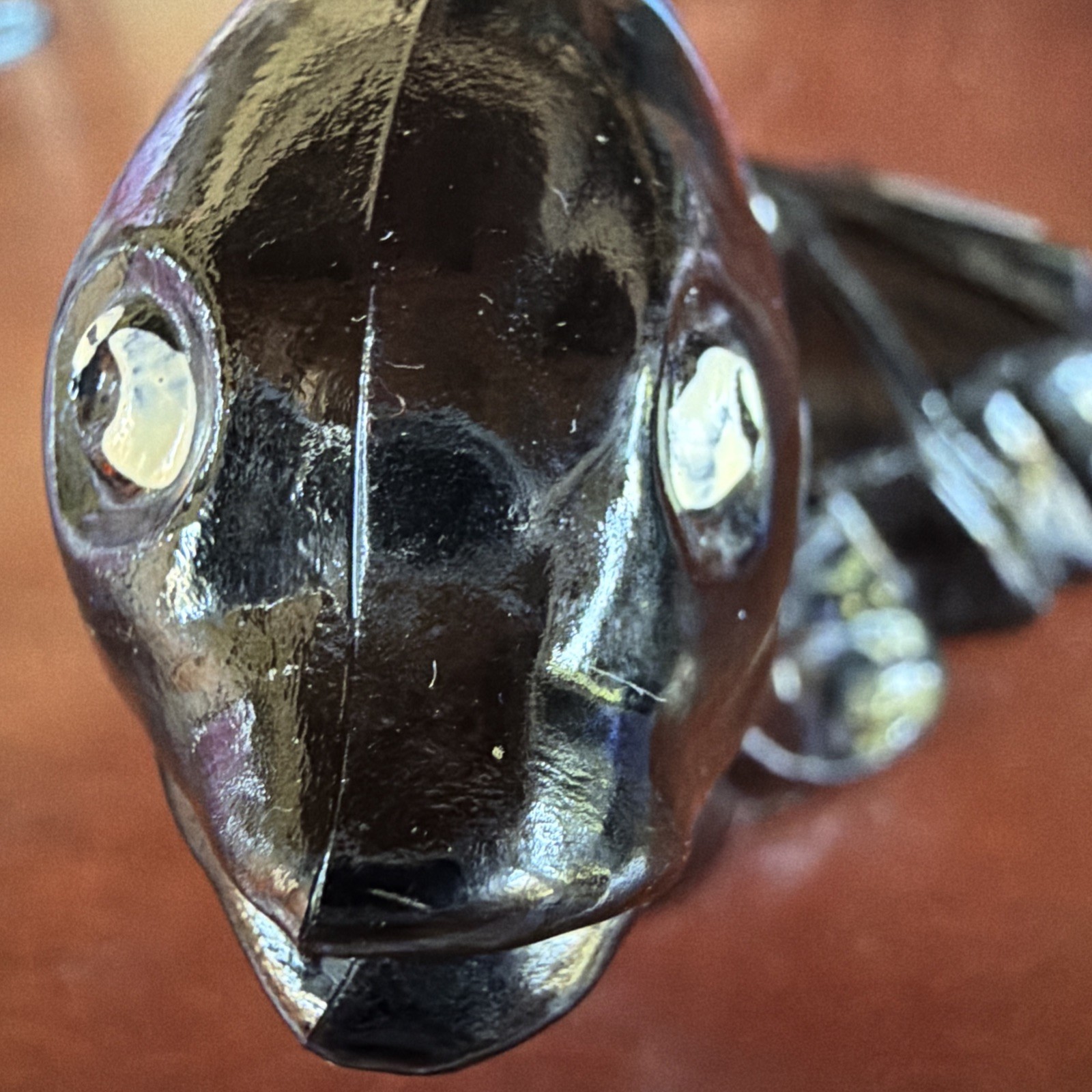Fantastic Fenton Glass Black Ebony Koi Fish/Asian Goldfish Hand Painted Signed
