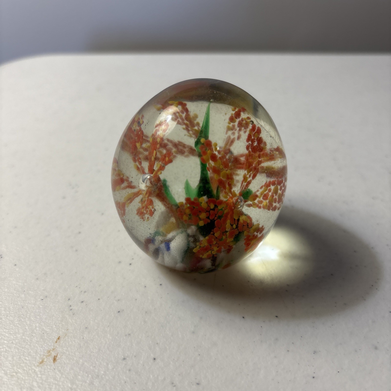 Vintage Hand Blown Round Art Glass Paperweight Colorful Flowers 2.75 dia. B6088