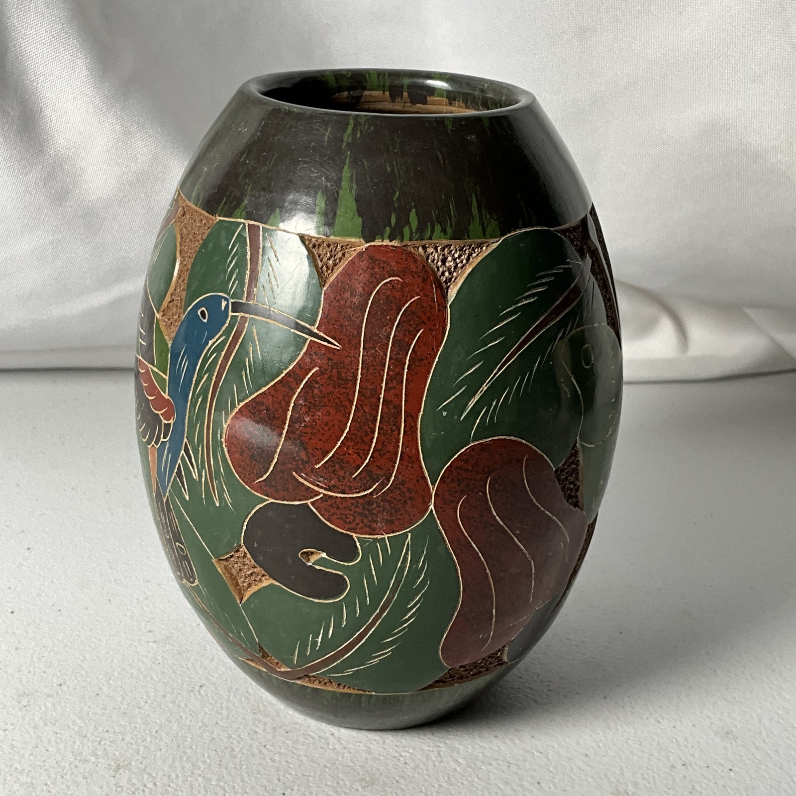 Vintage Hand Carved Painted Pottery Vase Tropical Birds Butterfly Foliage 5″