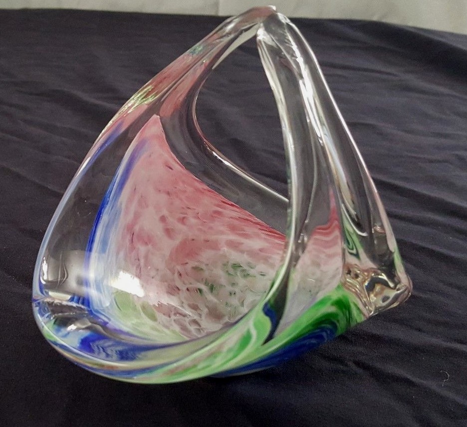 Dainty Murano Italian Rainbow Basket in Blue, Greens, Pinks and White Swirls
