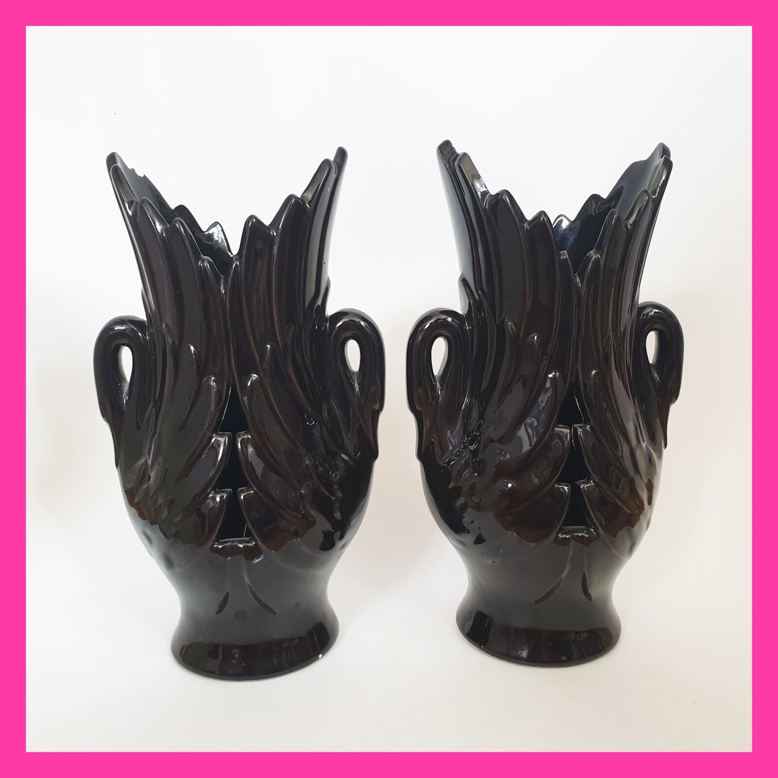 Vintage Haeger Double Swan Vase Set Dark Brown Black Swans 1978 Handle Planter