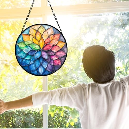 Stained Glass Window Hanging, Colorful Flower Petals Sun 6.3×6.3 IN Green