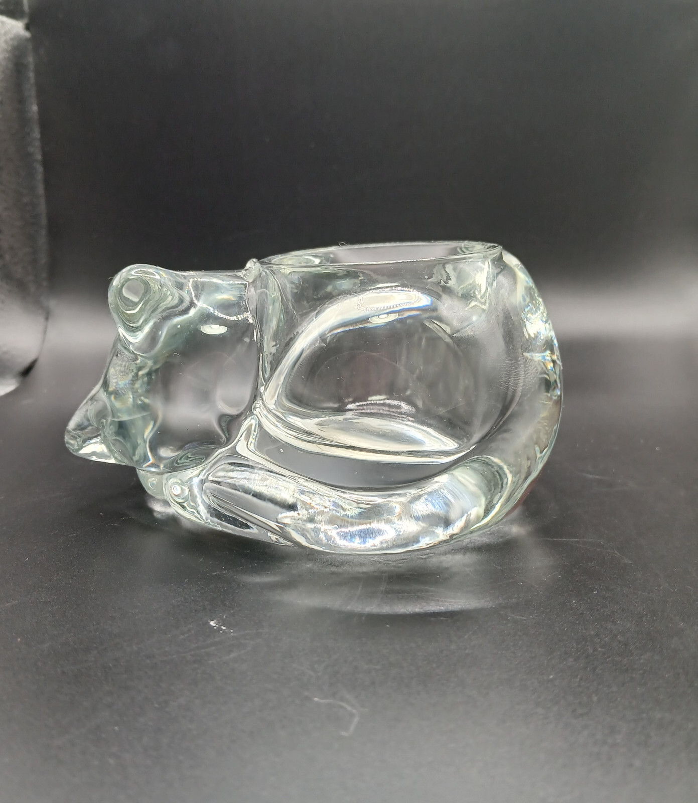 VTG Indiana Glass Sleeping Clear Glass Cat Candle Votive Paperweight 4 1/2in