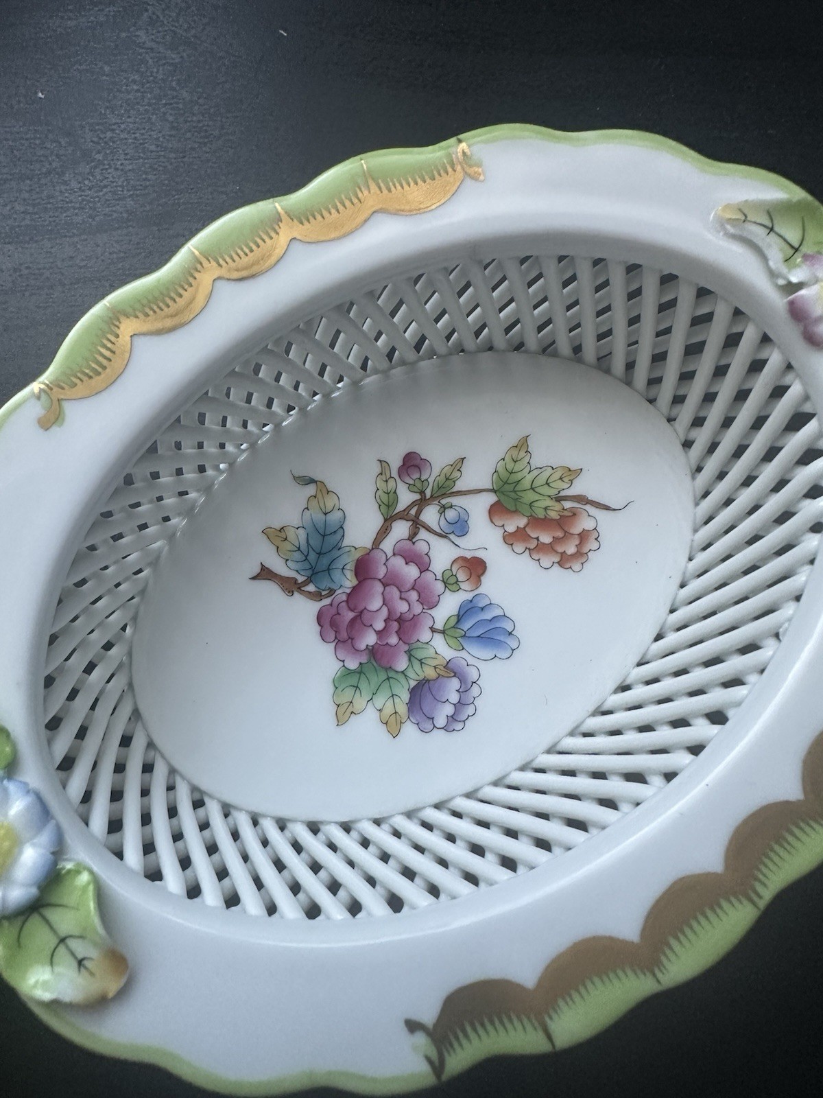 Herend Oval Open Weave Basket 5 1/2″ Porcelain Hungary 7379 *CHIP*