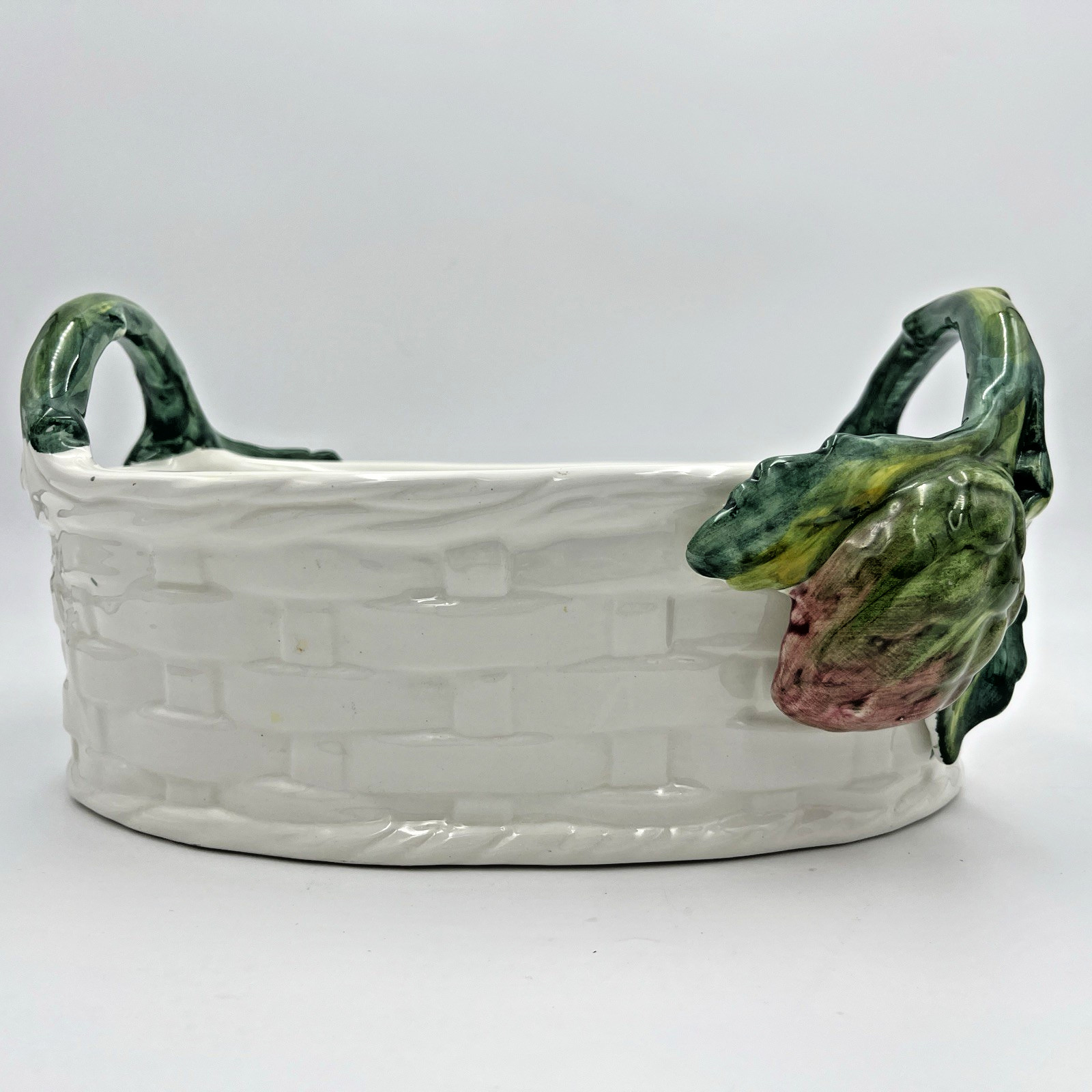Hand Painted Italian Vietri White Woven Ceramic Oval Basket 12×8″ 3lb 10 oz