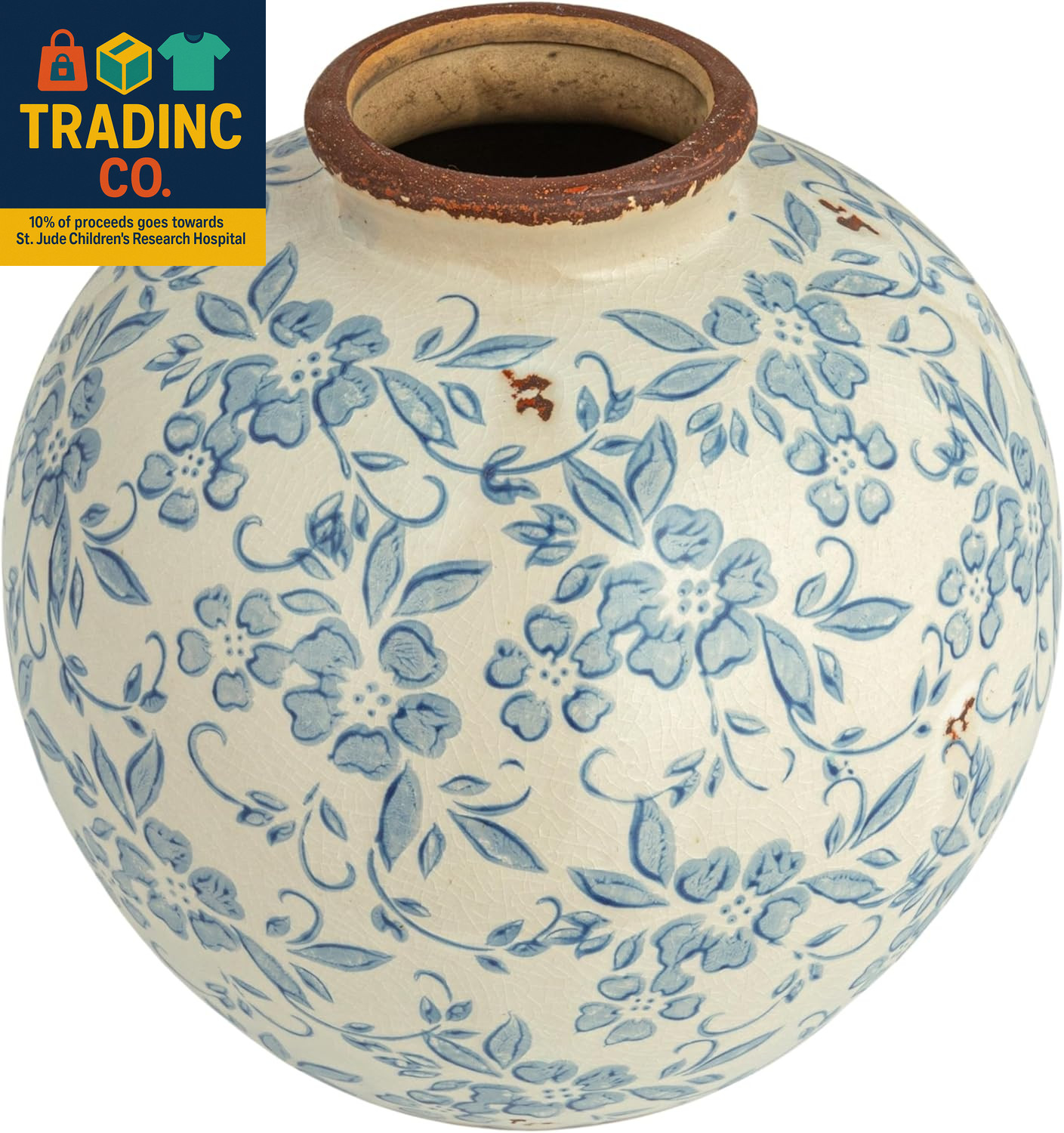 DF2720 8″ H Terracotta Floral Transferware Pattern & Crackle Finish Vase, Blue