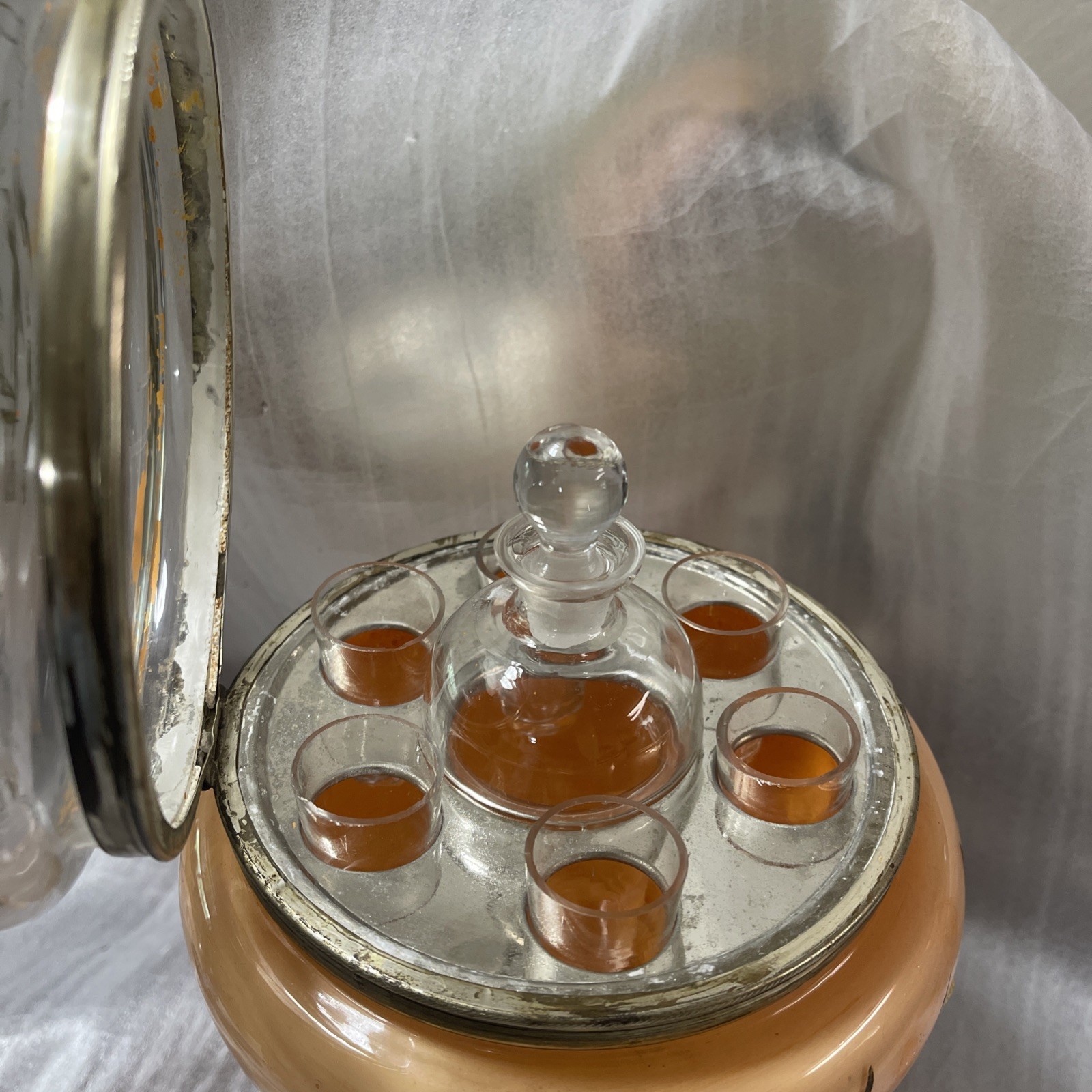 Antique Glass Decanter, Hand Painted A Brass Band W Hinges/ Clasp Connecting Lid