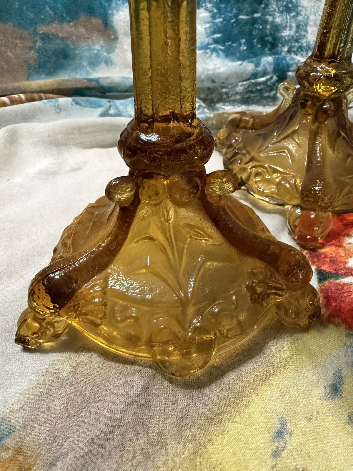 Vallerysthal Portieux Bavards Amber 9.25″ Candlesticks With Chained Prisms