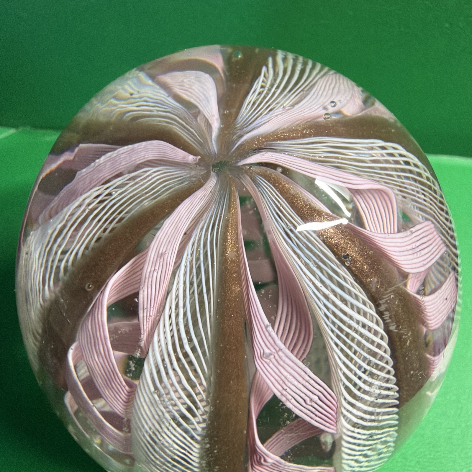 Murano Art Glass Paperweight Latticino Filigree Pink Zanfirico Ribbon Aventurine