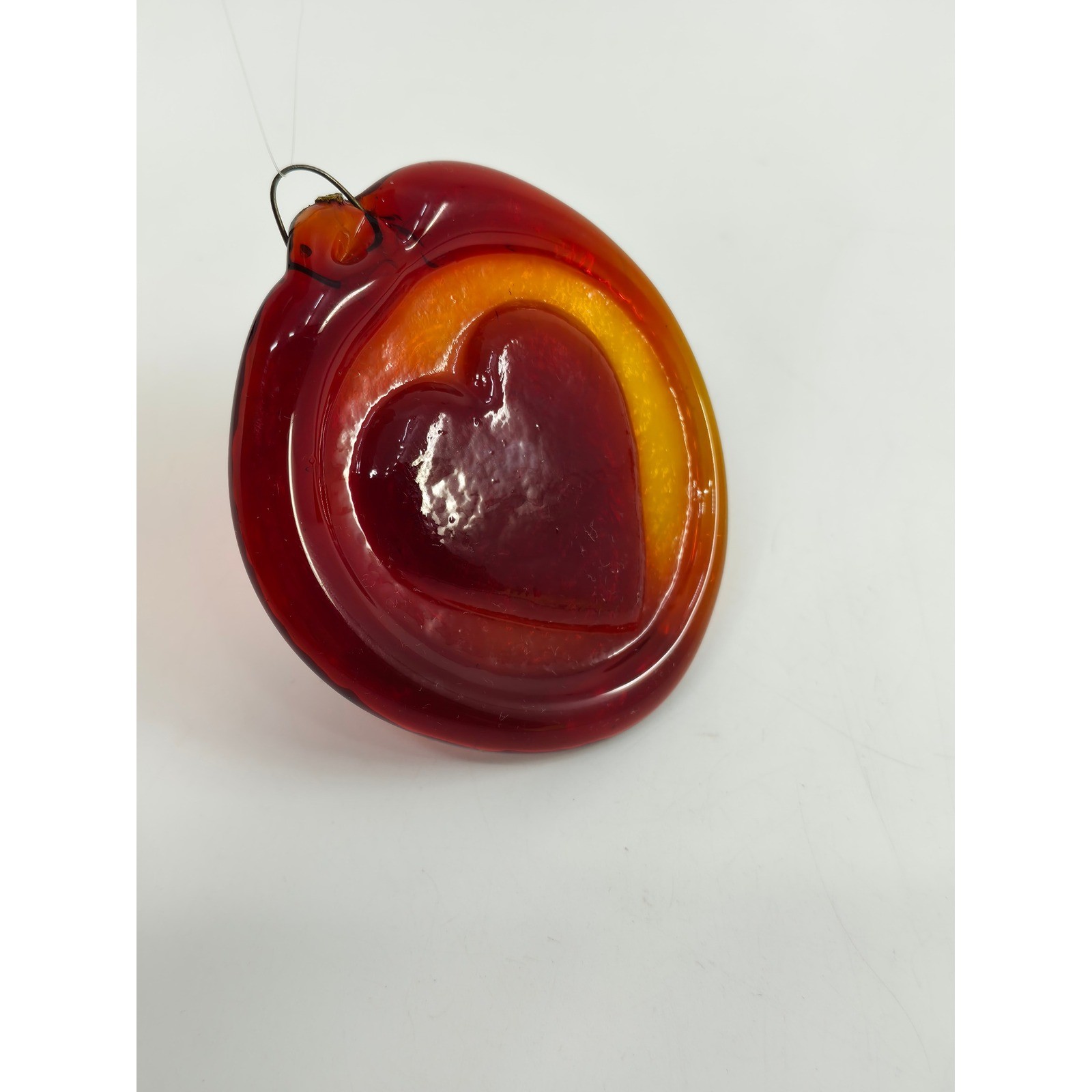 Vintage Art Glass Heart Suncatcher Ornament Red Amber Hand Blown Glass 3 inch