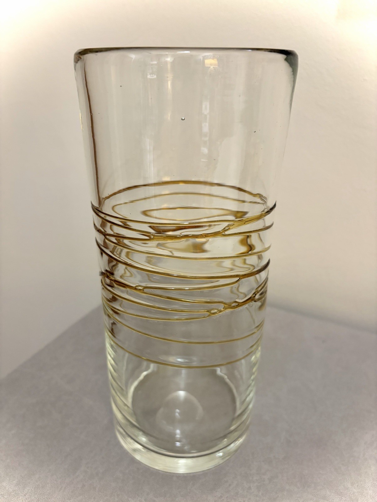Art Glass Clear Vase With Golden Amber Threads Hand Blown 9.5 Inches Tall MCM