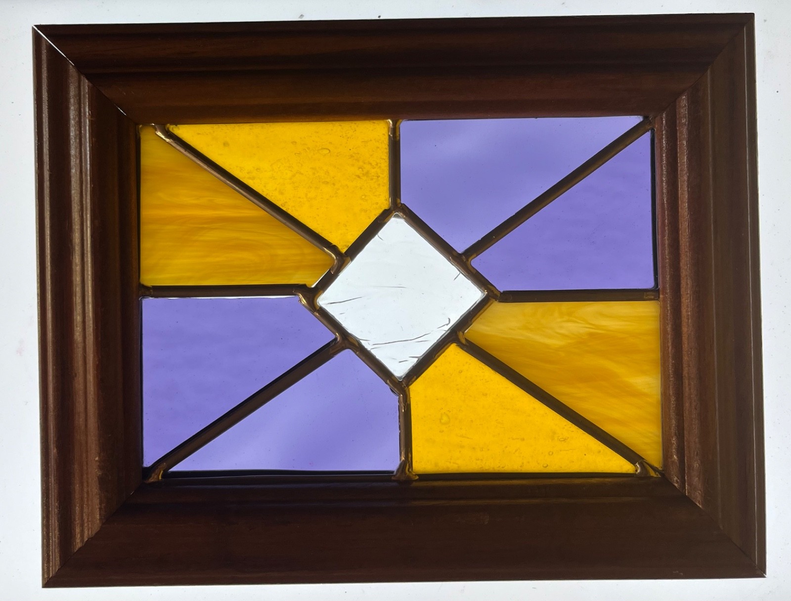Geometric Stained Glass Panel w/Wooden Frame-Purple & Gold-Handmade-5x7glass-