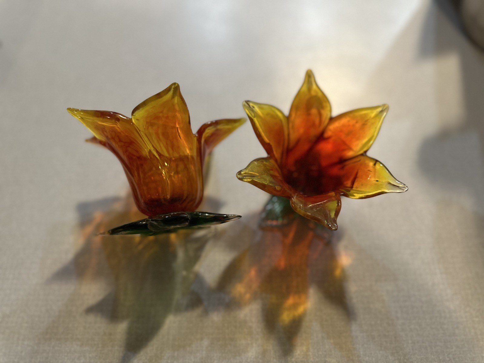 Glossy Glass Figurine Yellow Orange Green Flower Petals Floral Decorative