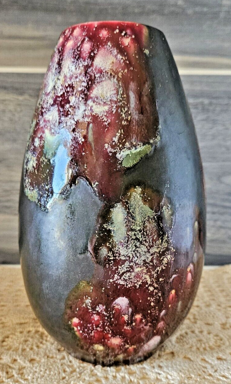 Stunning Ox Blood & Black 7.5″ Vase Patchwork Drip Glaze Pottery