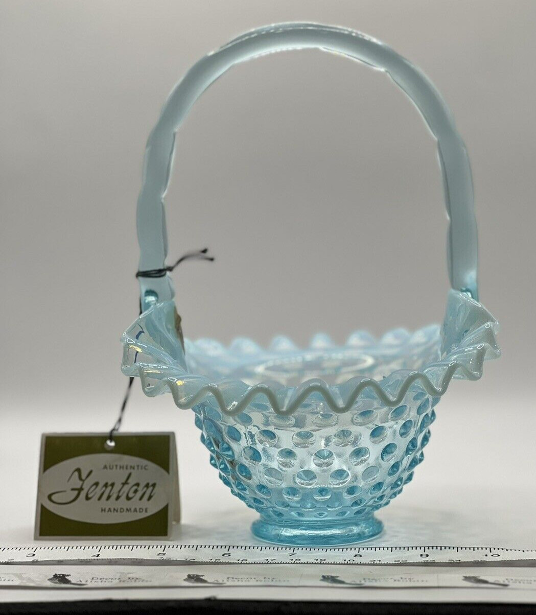 Fenton Aqua Blue Opalescent Hobnail Basket Ruffle Top Aqua Glass Handle MINT