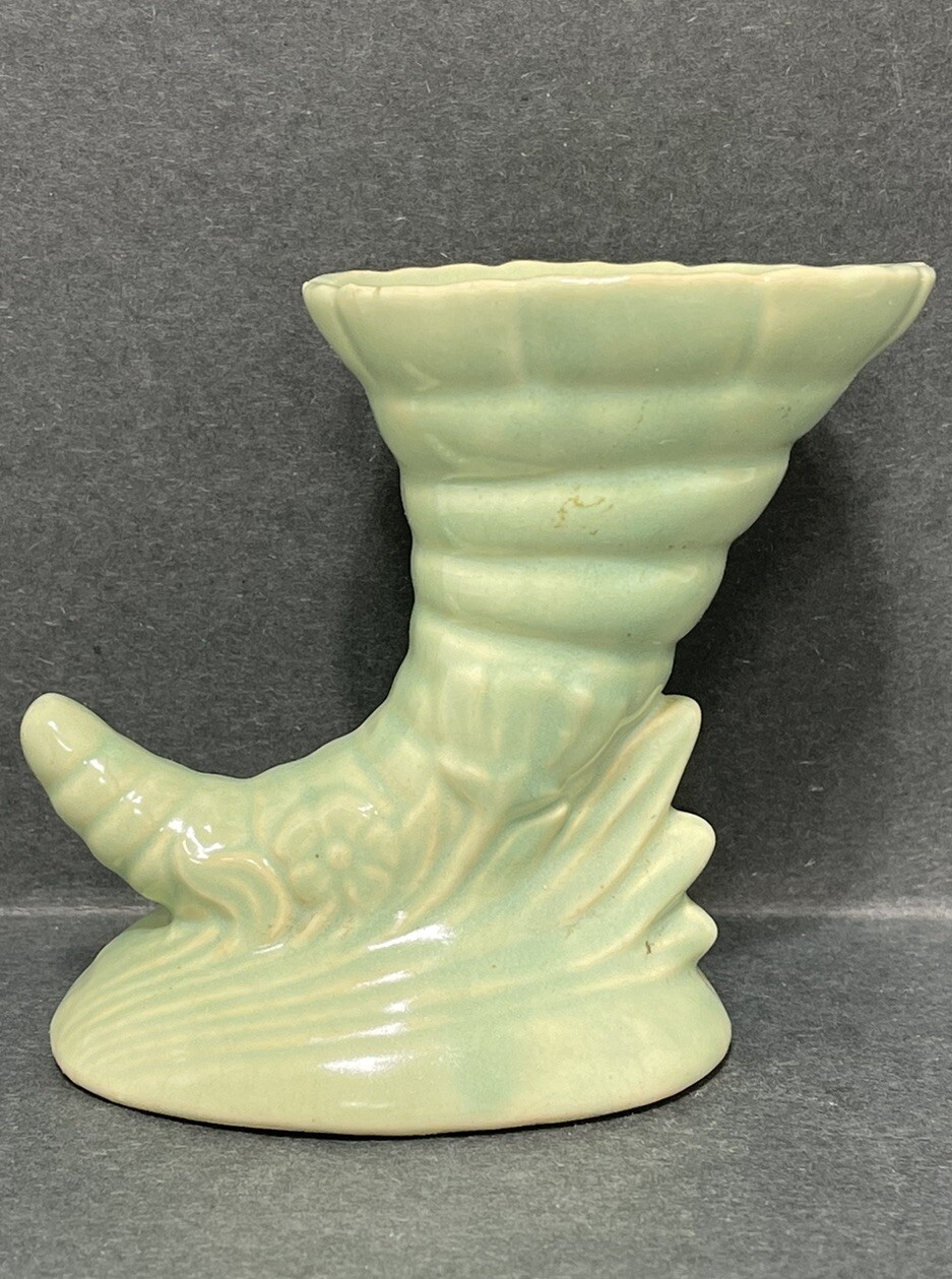 Pottery Cornucopia Vase Or Planter 1920 5 Inch tall 5 Inch wide Mint Green Color
