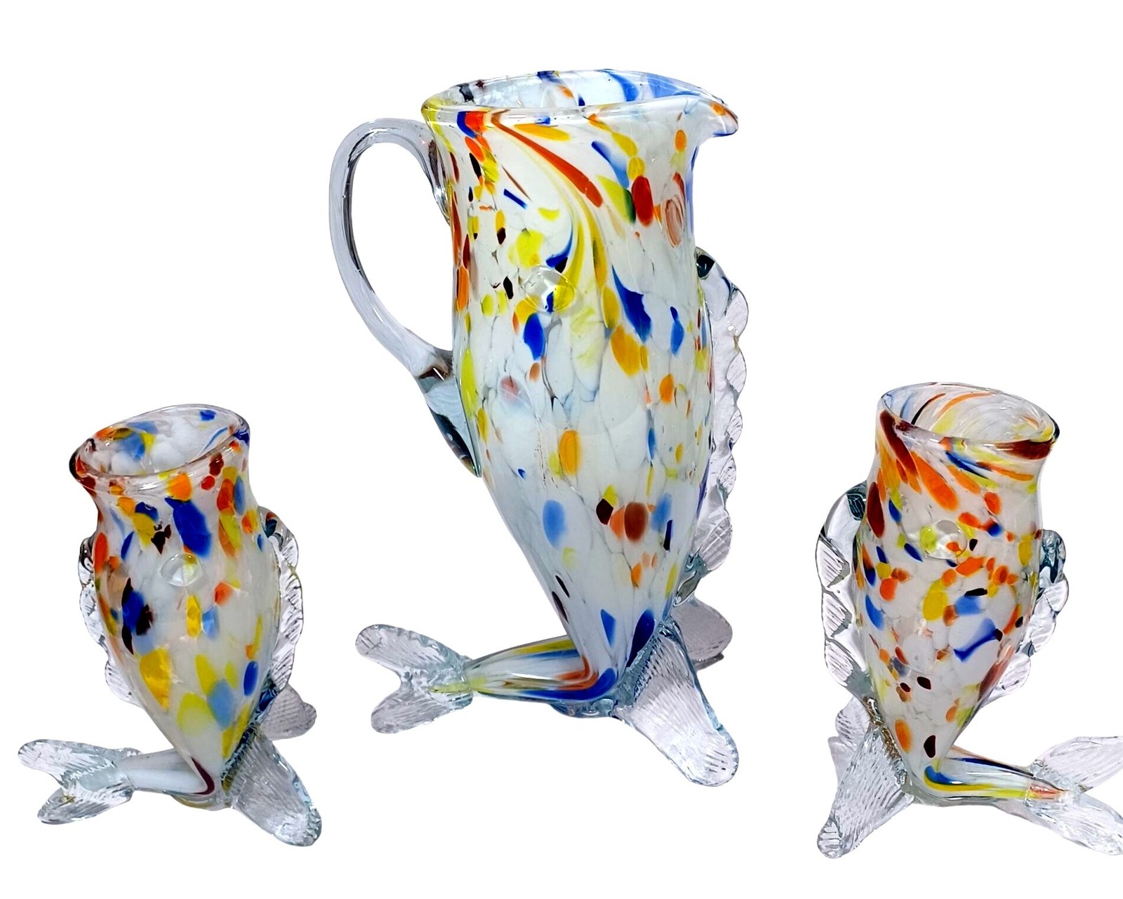 Murano Rainbow Confetti Fish Vase Pitcher Glasses Sculpture Art Glass Set of 3