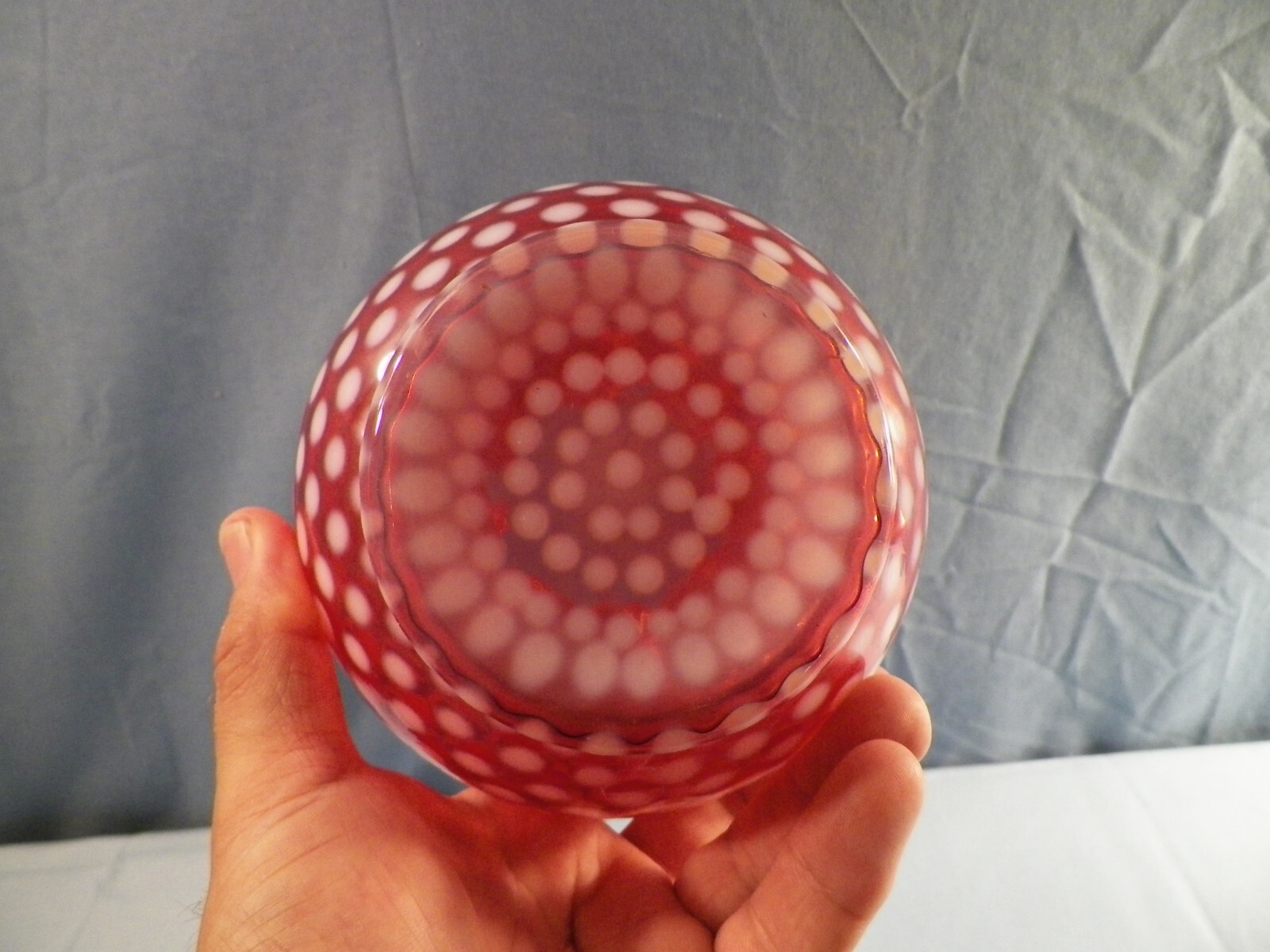 Vintage Fenton Cranberry Opalescent Glass POLKA DOT Large Rose Bowl Vase